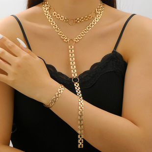 嘻哈朋克粗链圆环吊坠多层Y形手表带项链坦克链choker锁骨链手链