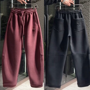 新款 青年重磅保暖阔腿长裤 磨毛加绒卫裤 显瘦弯刀休闲裤 男 男士 冬季
