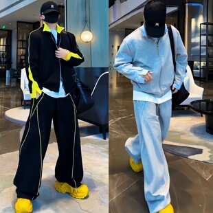 卫衣阔腿长裤 2026春季 宽松开衫 男时尚 两件套 潮牌撞色休闲运动套装