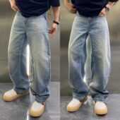 复古水洗弯刀牛仔裤 美式 男士 潮流时尚 春季 宽松显瘦阔腿休闲裤 新款