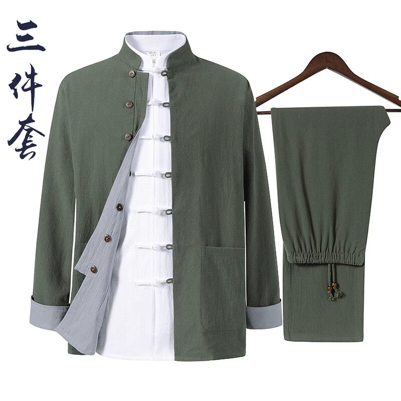 中国风汉服男士纯棉三件套装中式复古中山装双面穿外套唐装居士服