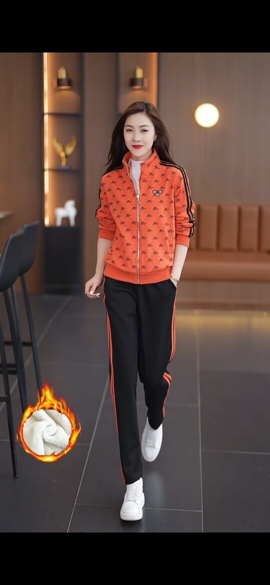 2023尚伊秀美冬季休闲运动套装女士时尚印花立领卫衣加绒加厚洋气