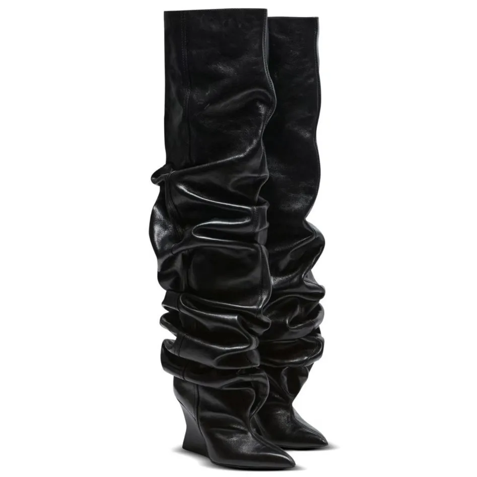 跨境褶皱过膝长靴女欧美尖头绒面高跟靴性感走秀鞋坡跟大码外贸,女鞋,汉服鞋,淘宝优惠券,粉丝福利购,淘宝优惠卷