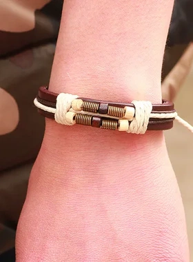 欧美个性手链木珠手环编织海外爆款手工真皮亚马逊绑带