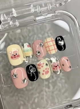 ins心防水露比美甲可拆卸穿戴甲光疗美甲可爱风手绘涂鸦海狸