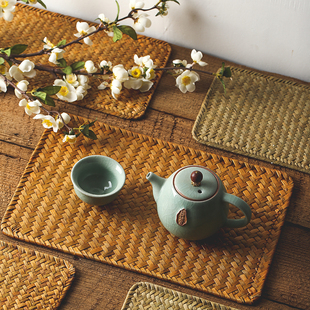 简约草编碗盘茶杯垫隔热垫子 海草手工编织防烫餐垫复古茶几垫中式