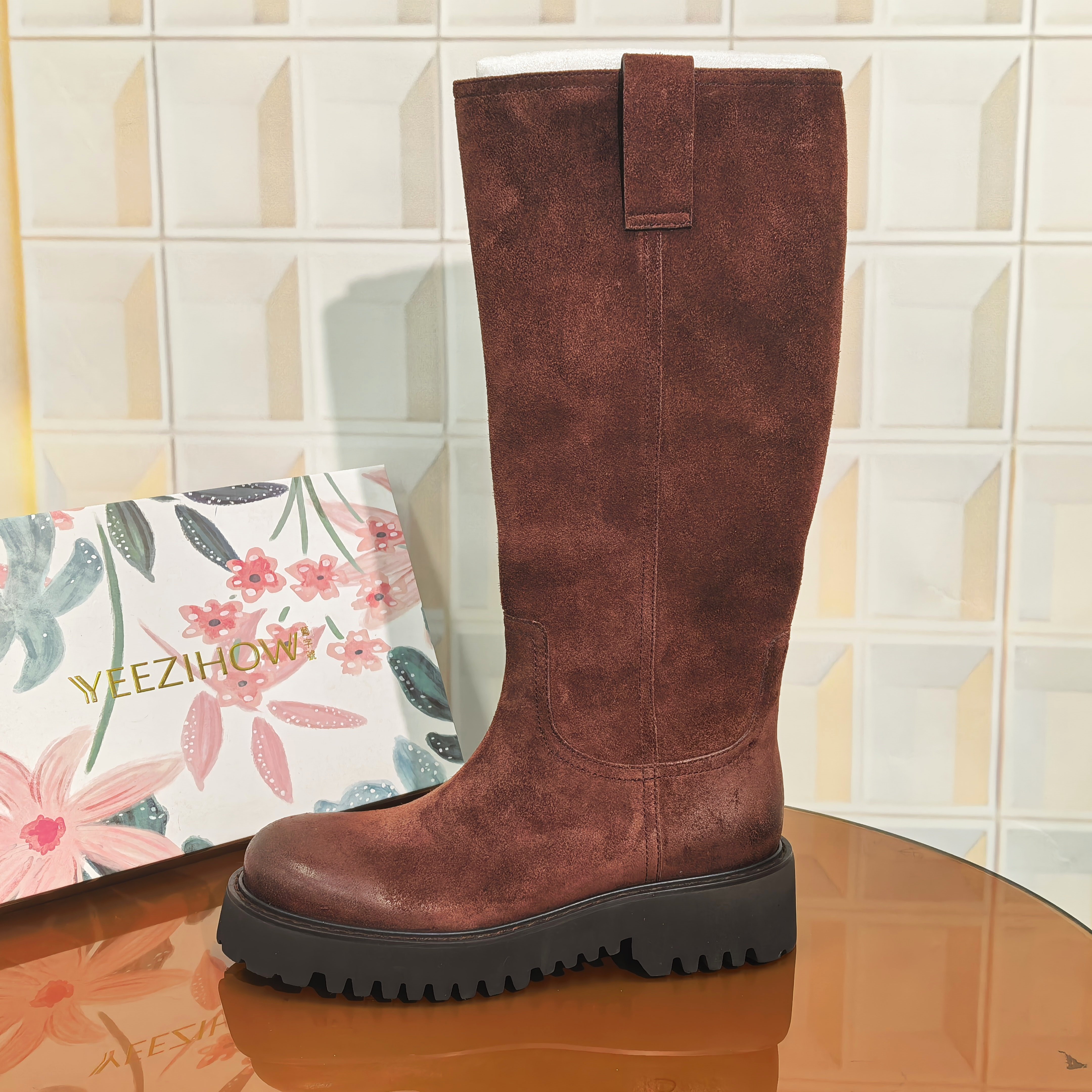 8791/3CM牛京皮清仓撤柜断码处理时尚冬季厚底长筒时装靴中筒靴女