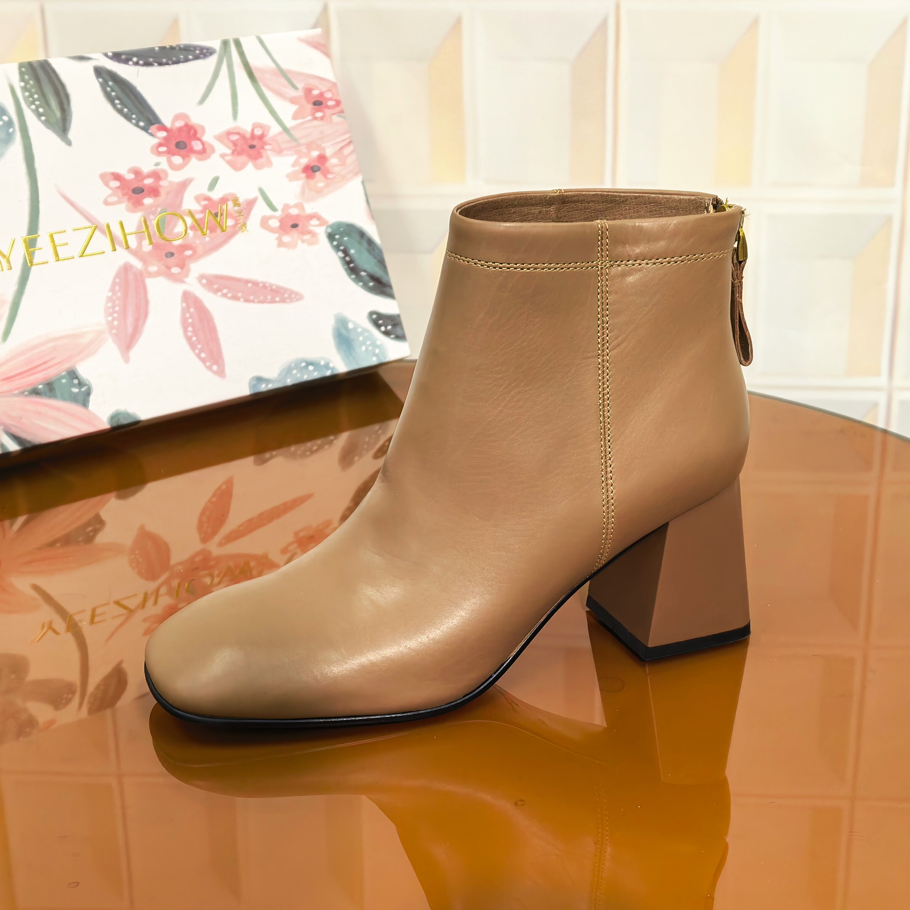 5340/5CM胎牛皮清仓撤柜断码处理靴子短靴方头粗跟侧拉链大码时尚
