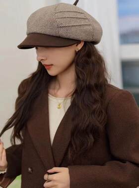 通勤女格子显瘦百搭宽帽檐秋冬