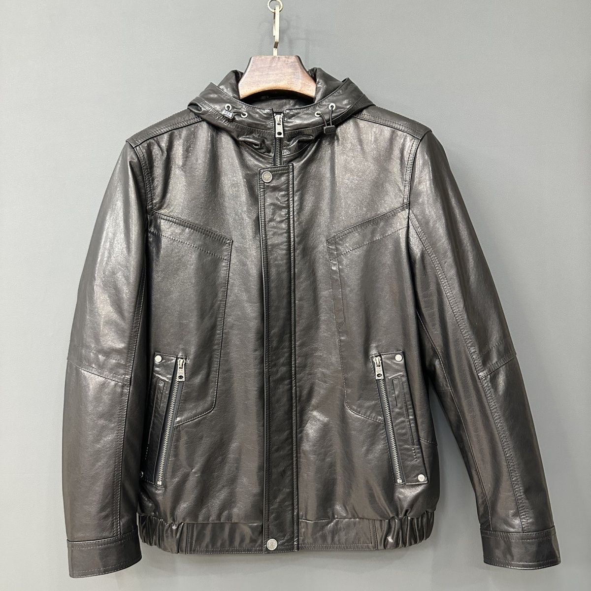 海宁新款牛皮羽绒服机车真皮休闲皮衣油蜡男士连帽皮夹克内胆外套