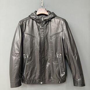 海宁新款牛皮羽绒服机车真皮休闲皮衣油蜡男士连帽皮夹克内胆外套
