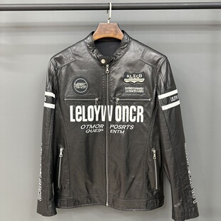 男士皮衣新款机车服牛皮油蜡皮修身真皮袖标刺绣摩托骑行服外套潮