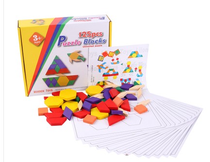木质125片百变几何积木教具拼板拼搭早教中心创意幼儿童益智玩具