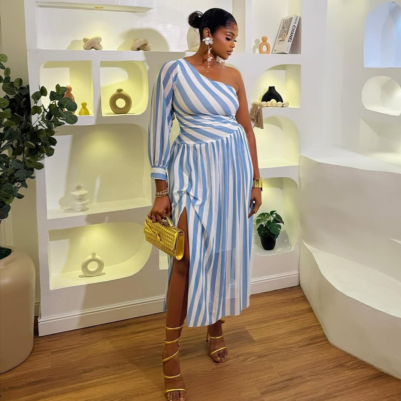 欧美风外贸女装条纹印花收腰旅行不规则裙斜领单肩长袖开叉连衣裙