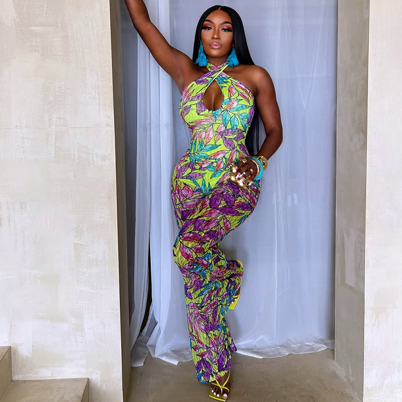 欧美跨境休闲女装印花舒适潮流连体裤交叉挂脖镂空露背收腰连体衣