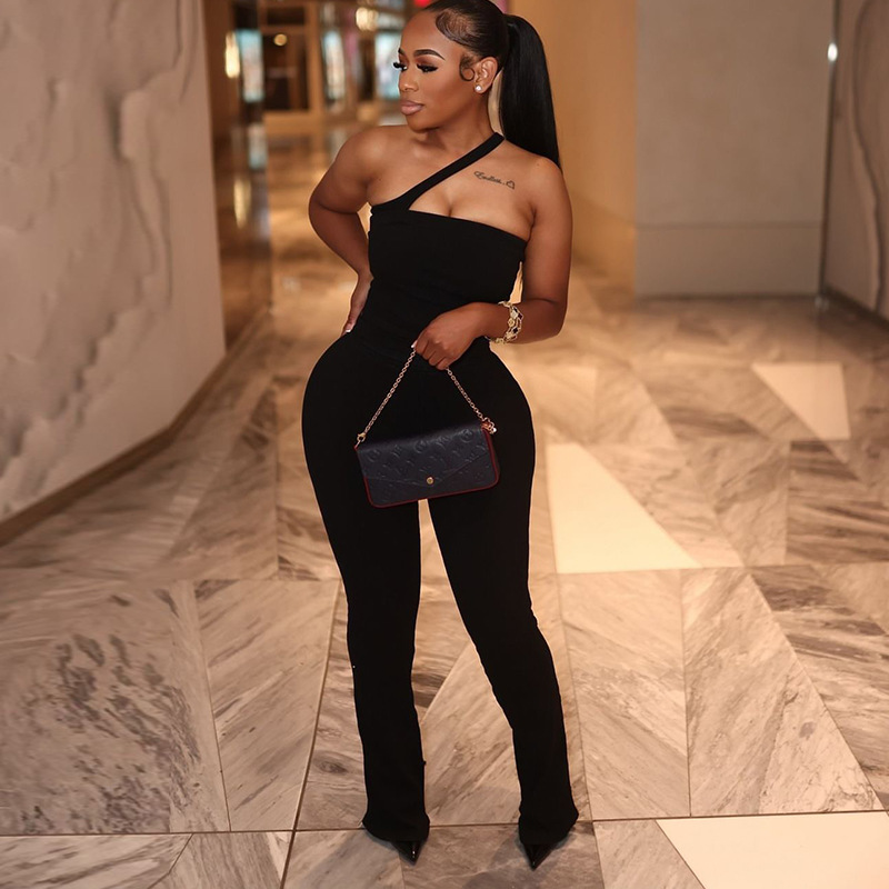 欧美风微弹露背时尚性感纯色长连体裤斜肩带薄连体衣跨境运动女装