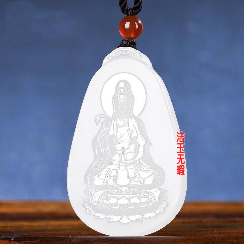 和田玉色羊脂白玉柳枝坐莲观音吊坠净瓶观音菩萨男女玉坠玉牌