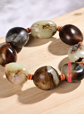 和田玉色黑皮青花手链原石原皮男女款黑羊脂皮高档手串