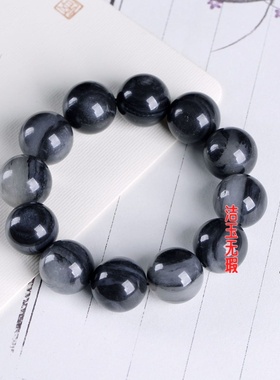 和田玉色青花手链男女款原石佛珠手串黑白飘墨玉中国风
