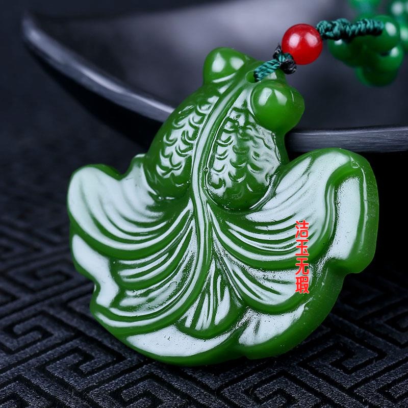 和田玉色鱼吊坠 菠菜绿绿玉挂件玉鱼挂坠 男女玉石项链毛衣链