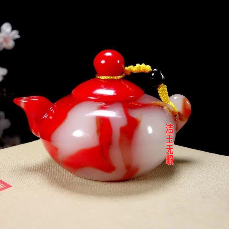 昌化鸡血石小茶壶玉石手把件喝茶功夫茶和田玉色手玩小摆件