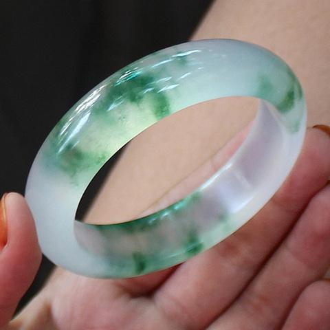 天然正品A货冰种飘花玉镯翡翠色女款玉镯子玉手镯带送妈妈送女友