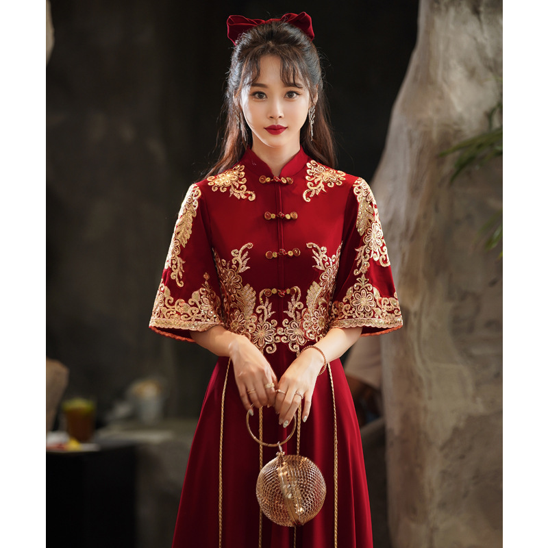敬酒服新娘旗袍夏季结婚订婚回门礼服女中式秀禾服酒红色长款