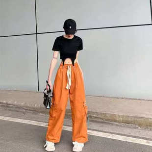 美式高街工装裤女口袋春秋直筒拖地长裤女款阔腿裤裤子桔红运动裤