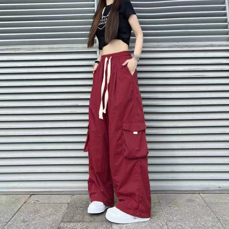 美式复古街头嘻哈hiphop红色工装裤女高街设计感直筒阔腿休闲裤子
