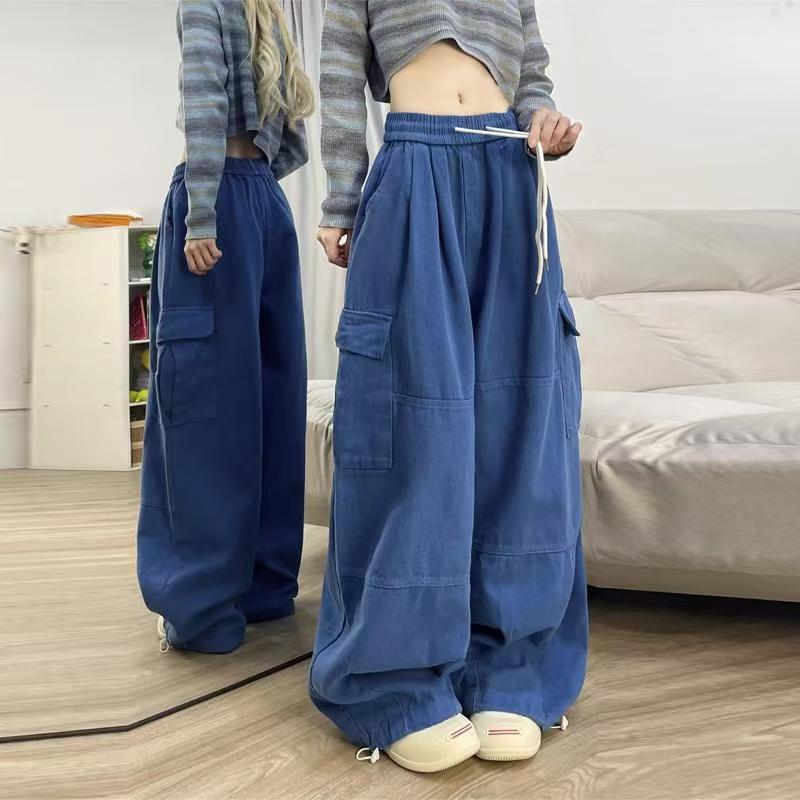 女生工装裤大码纯棉休闲运动裤2025新款潮酷阔腿宽松高腰全棉裤子