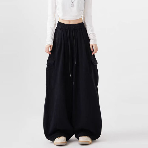 黑色工装裤女款2026新款高腰宽松垂感显瘦小个子纯棉运动阔腿裤子