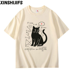 趣味美式卡通猫咪印花短袖T恤女夏季小众物理力学黑猫上衣纯棉