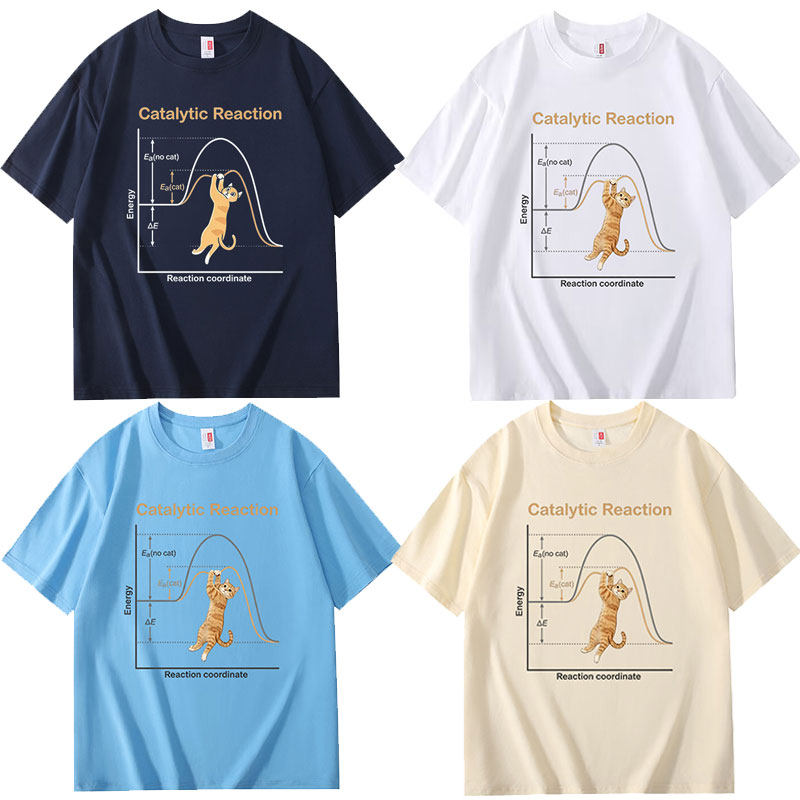 街头休闲风卡通猫咪化学反应式短袖T恤男女创意趣味印花上衣纯棉