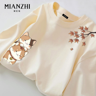 上衣潮 t恤男宽松青少年新款 棉致枫叶小猫2026春秋款 米白纯棉长袖