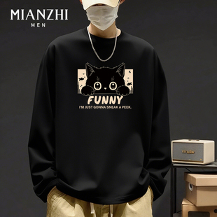 棉致卡通小黑猫趣味大码春秋宽松青少年纯棉长袖t恤男款打底衫潮