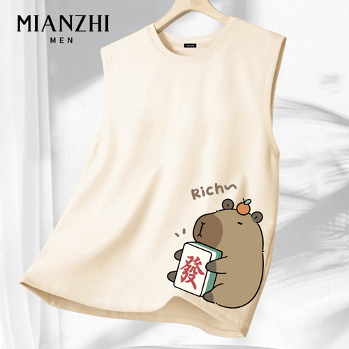 棉致搞笑卡皮巴拉背心男2026新款夏季青少年篮球无袖t恤砍袖上衣