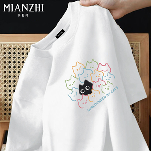 棉致卡通小猫潮流纯棉短袖t恤男2026新款夏季青少年宽松百搭半袖