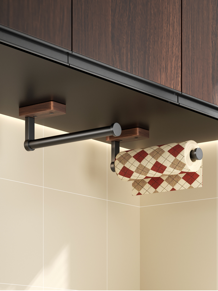 胡桃木中古风厨房专用纸巾架免打孔壁挂式卷纸保鲜膜收纳置物支架