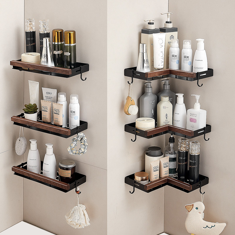胡桃木浴室置物架化妆室厕所壁挂墙上转三角收纳免打孔沐浴露架子