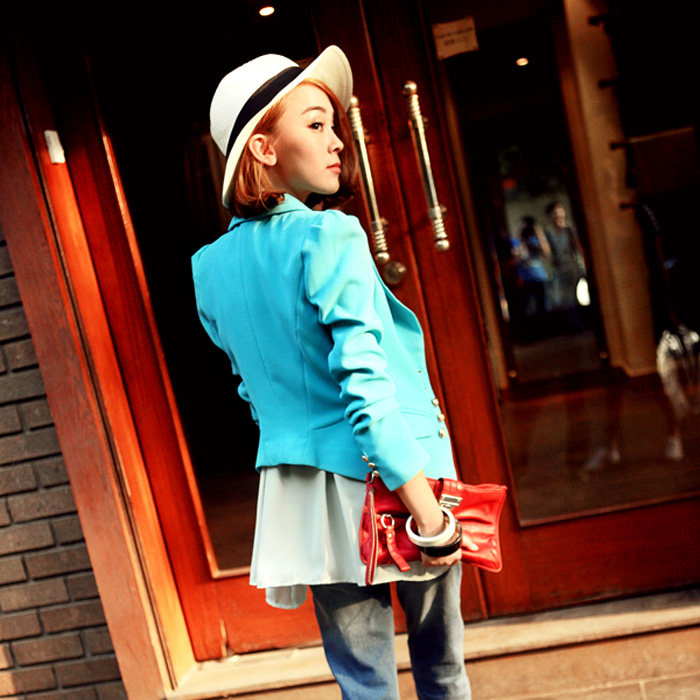 LOSS CLEARANCE KOREAN VERSION OF THE SPRING AND AUTUMN WOMENS DECORATION PUFF SLEEVE SMALL SUIT VERSATILE CANDY-COLORED BLAZER WOMEN