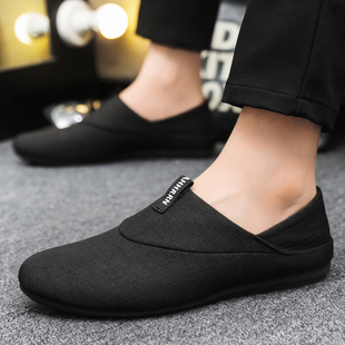 懒人一脚蹬开车软底豆豆潮鞋 帆布男鞋 透气老北京黑色布鞋 秋季 新款