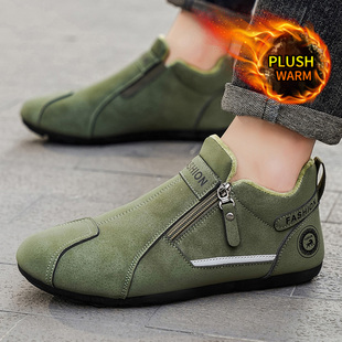 冬天加绒阿甘鞋男装军绿色一脚蹬棉鞋带毛休闲鞋保暖豆豆鞋懒人鞋