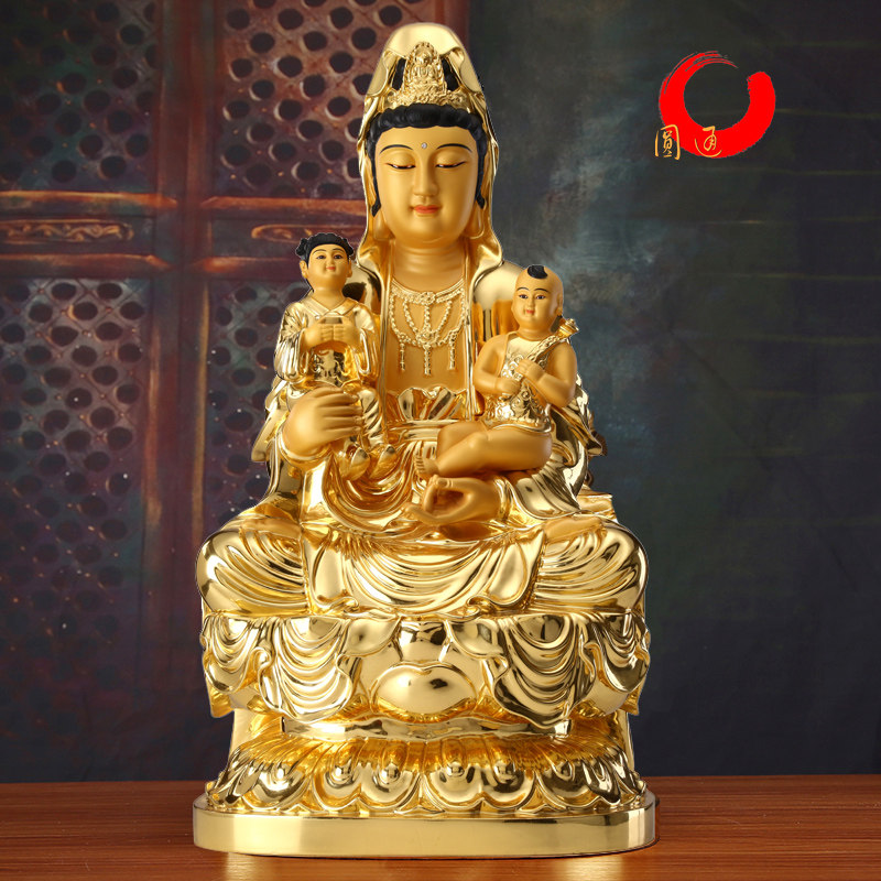 台湾工艺纯铜贴金观音送子观音菩萨佛像求子送子观音摆件供奉家用