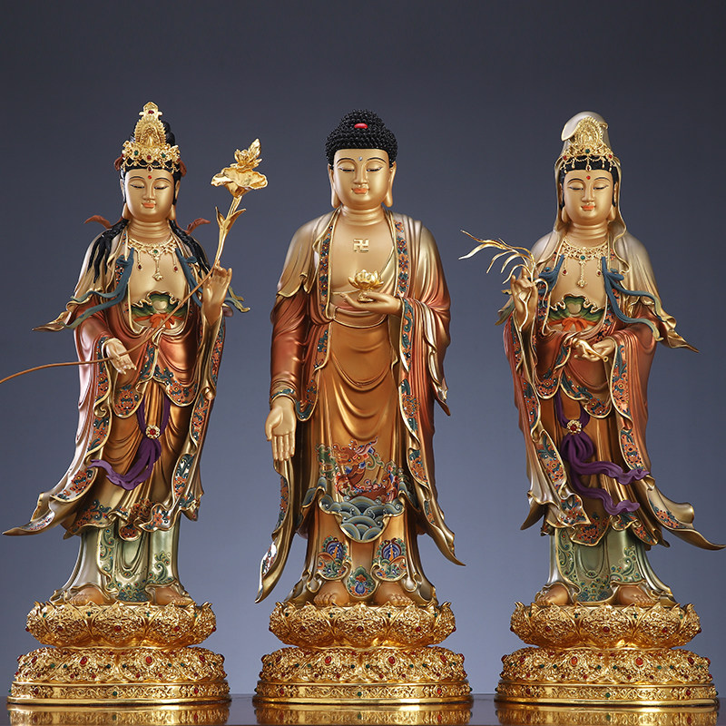 西方三圣纯铜佛像阿弥陀佛客厅摆件台湾贴金彩绘大势至观音菩萨像