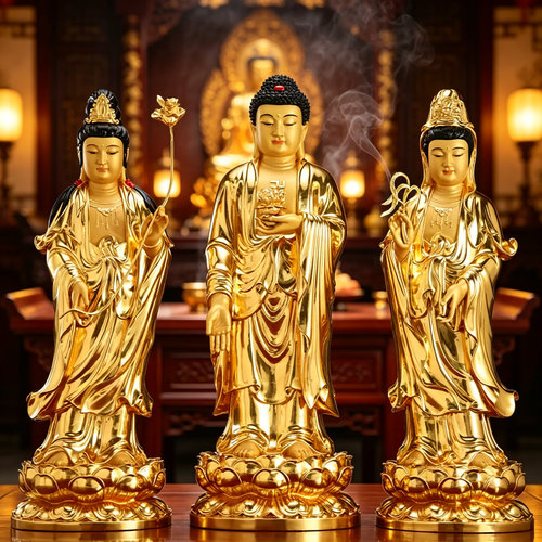 圆通佛具西方三圣纯铜贴金观音佛像供奉阿弥陀佛摆件大势至菩萨站 - 封面