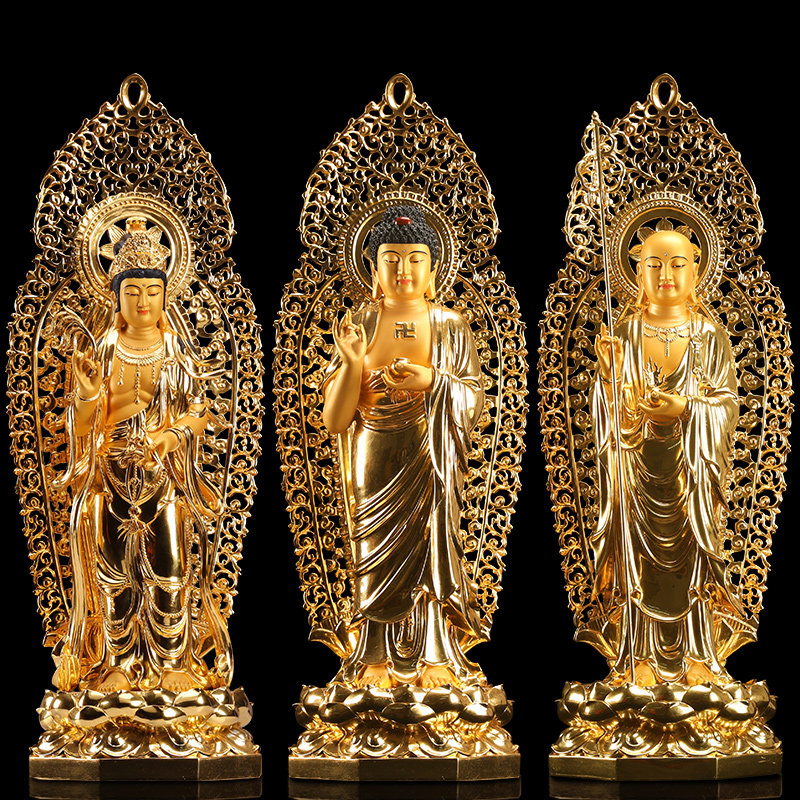 娑婆三圣站像观音佛像纯铜贴金