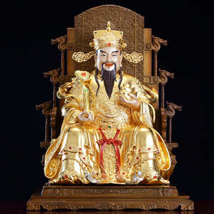 纯铜手工贴金财神爷神像店铺家用供奉叠染彩绘坐椅文财神佛像摆件