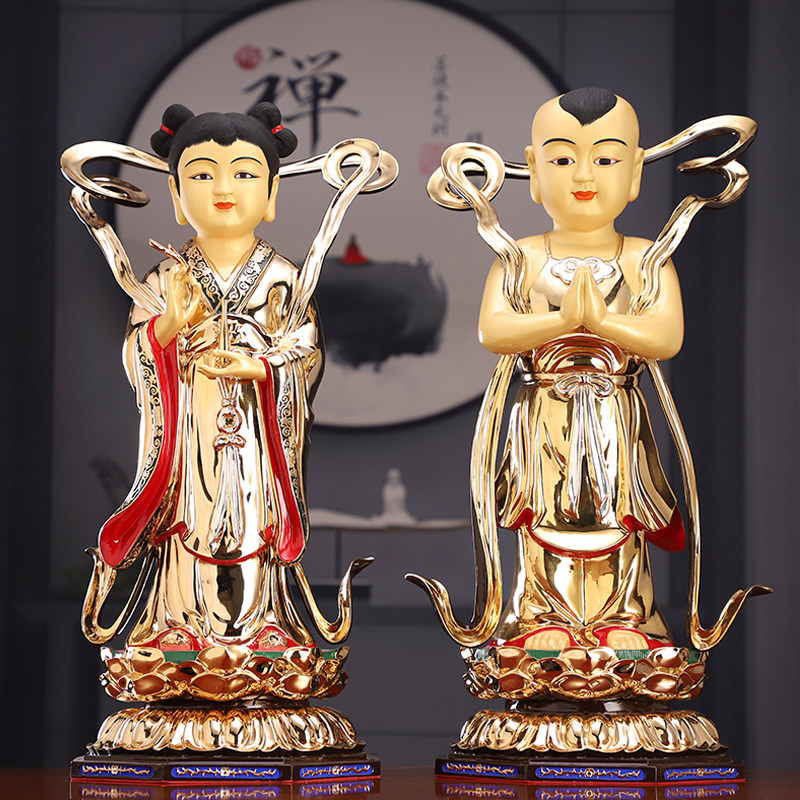 盛凡全铜鎏金善财童子龙女佛像金童玉女良女观音菩萨佛像摆件包邮
