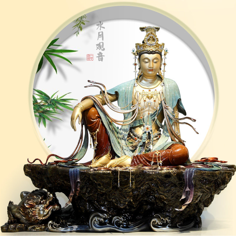 水月观音摆件台湾铜雕自在观音佛像供奉家用观世音菩萨童子拜观音