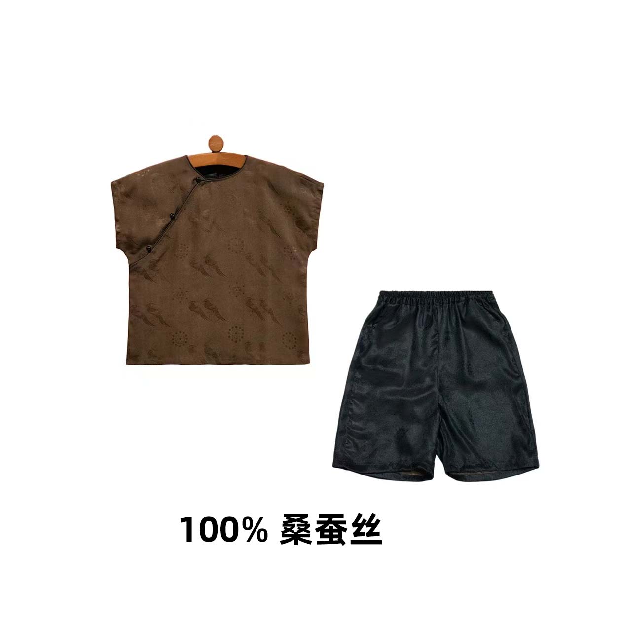 【翟鸟】N031+N096香云纱100%桑蚕丝儿童新中式短袖短裤夏季套装